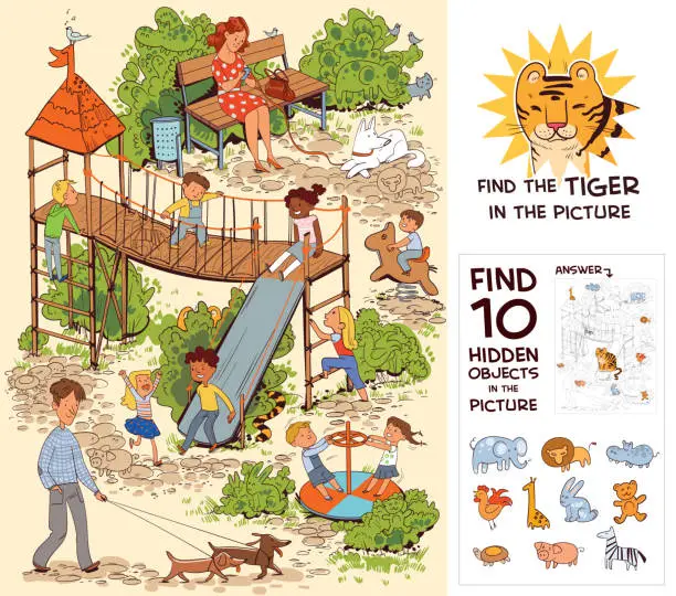 Vector illustration of Children in the playground. Find 10 hidden objects in the picture
