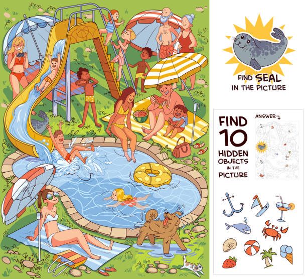 People relaxing in the courtyard by the pool with water attractions. Find 10 hidden objects People relaxing in the courtyard by the pool with water attractions. Find 10 hidden objects in the picture. Find Seal. Puzzle Hidden Items. Funny cartoon character. Vector illustration game resort pictures stock illustrations
