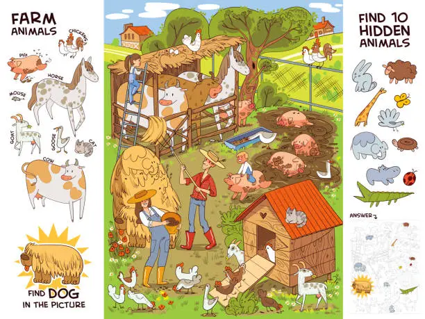 Vector illustration of Farm life and farm animals. Find 10 hidden objects