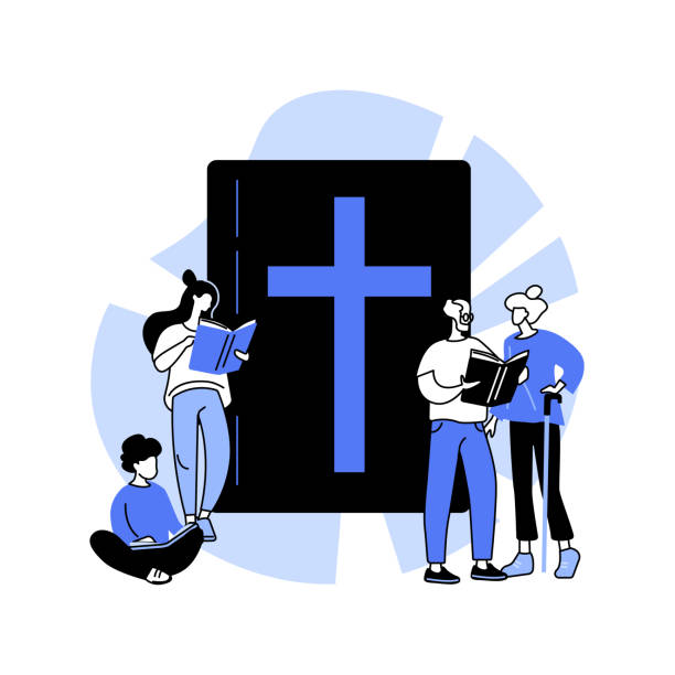 ilustrações, clipart, desenhos animados e ícones de ilustração vetorial do conceito bíblico sagrado. - bible church studying group of people