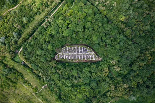 Aerial view on abandoned Military Tarakaniv Fort (Dubno Fort, New Dubno Fortress) - a defensive structure of 19th century in Tarakaniv, Rivne region, Ukraine.