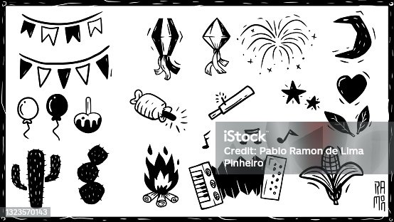 istock Collection of elements in woodcut style. of a June party. 1323570143
