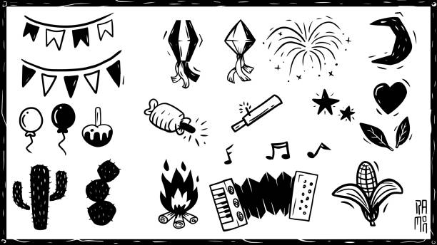 Collection of elements in woodcut style. of a June party. Elements of Festa Junina, São João, accordion, bonfire, cactus, fireworks, firecrackers in woodcut style, for parties in the Northeast of Brazil woodcut illustrations stock illustrations