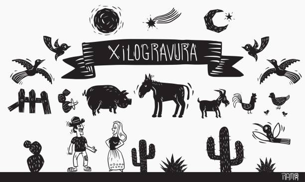 ilustraciones, imágenes clip art, dibujos animados e iconos de stock de conjunto de elementos en estilo xilografía. animales de granja y personas. - cactus