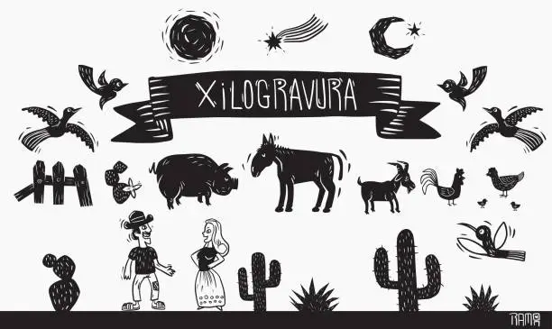 Vector illustration of Set of elements in woodcut style. Farm animals and people.