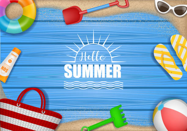 Hello summer background with beach elements on wooden background Hello summer background with beach elements on wooden background vector sand pail and shovel stock illustrations