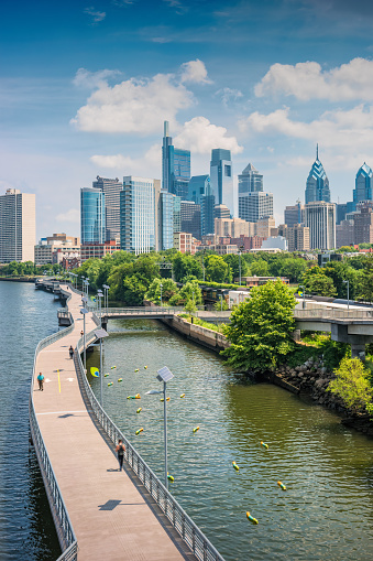 Skyline of downtown Philadelphia, Pennsylvania, USA and the Schuylkill river.