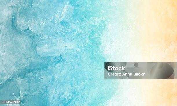 Abstract Beach Sea Summer Grunge Background Wave Sand Pastel Crayon Drawing Stroking Brushing Bleached Teal Blue Yellow Pattern Oil Watercolor Paint Marble Stucco Concrete Texture Imitation Copy Space Stock Photo - Download Image Now