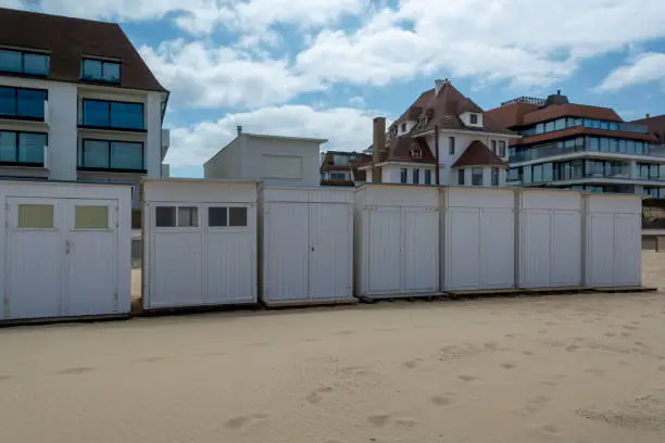 Yellow sandy beaches in small Belgian town Knokke-Heist, luxury vacation destination, summer holidays