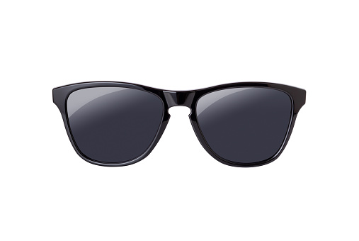 Modern style black fashion sunglasses with light glare reflect on the lens on white background with clipping path 3d render illustration