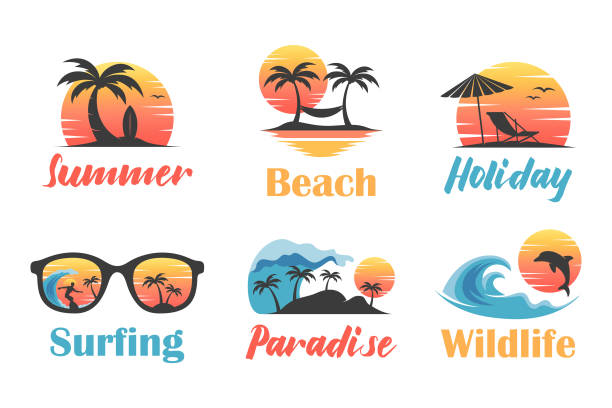 ilustraciones, imágenes clip art, dibujos animados e iconos de stock de ilustración silueta verano playa logo pack - surfing beach surf wave