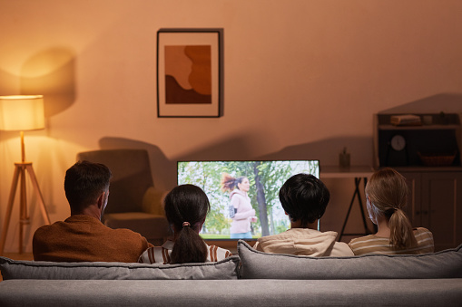 Back view of young people watching movies at home while sitting on sofa, focus on TV screen, copy space
