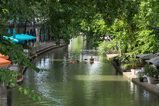 Utrecht, Netherlands - July 1 2021: People kayaking on Oude Gracht in Utrecht