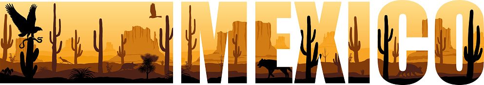 vector panorama of Mexico with eagle, Mexican wolf and roadrunner in desert