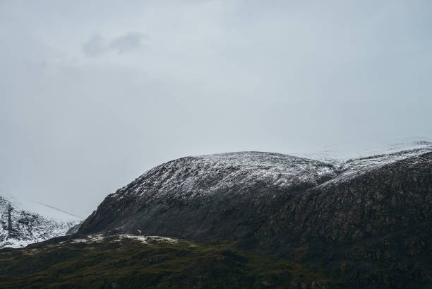 istock Minimalist highlands landscape with snow-capped mountains under cloudy sky. Snowbound high mountain range in overcast weather. Atmospheric minimalism with green mountains, white snow and gray sky. 1323588005