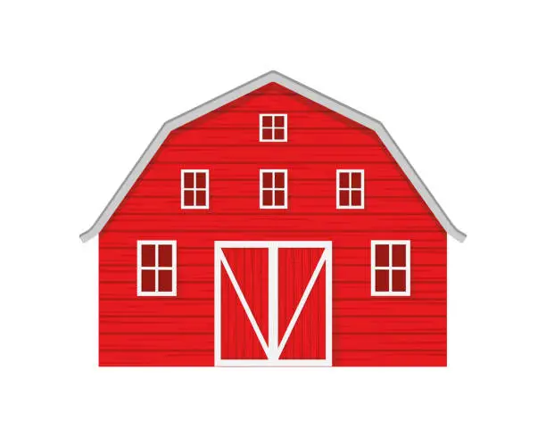 Vector illustration of Red wooden barn isolated on white background. Farm warehouse with big door and windows. Front view. Vector cartoon illustration