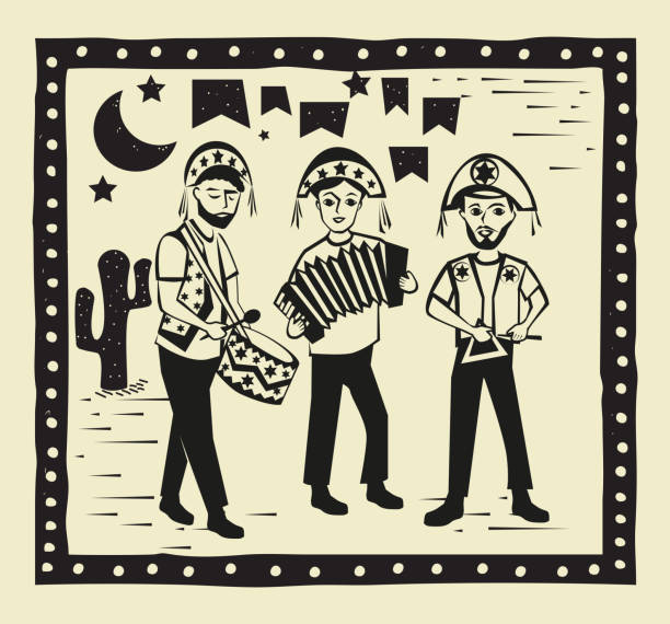 ilustraciones, imágenes clip art, dibujos animados e iconos de stock de músicos tocando en festa junina vector - acordeón instrumento