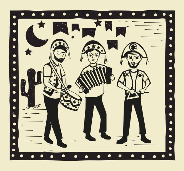 illustrations, cliparts, dessins animés et icônes de musiciens jouant dans le vecteur festa junina - gravure sur bois