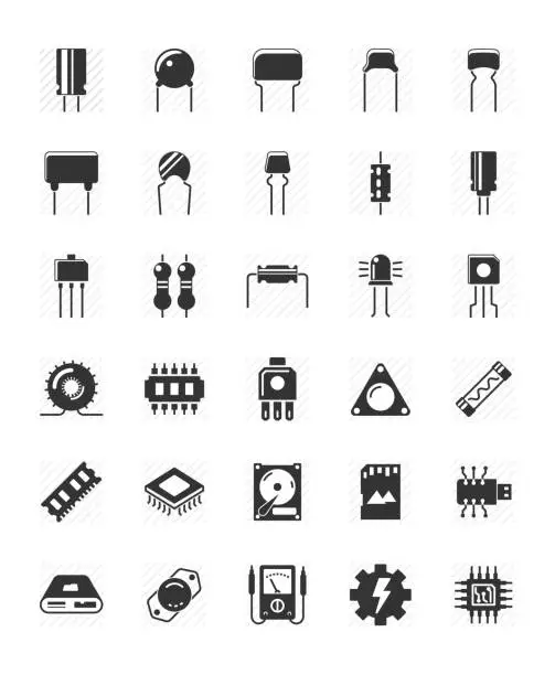 Vector illustration of Capacitor line icon 30 set