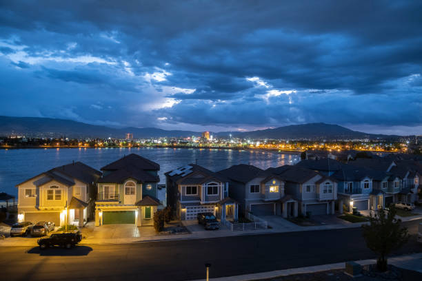 Twilight View of Reno from Sparks Marina stock photo