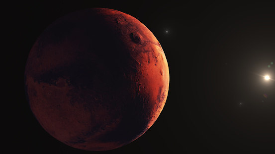 Day and night on planet mars seen from outer space. 3D rendering. Footage available.