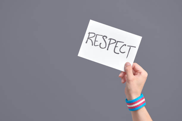 istock Hand with a transgender flag bracelet holding a paper with a message: respect 1323603484