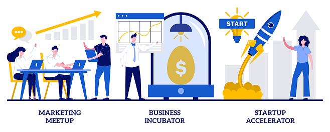 Marketing meetup, business incubator, startup accelerator concept with tiny people. Startup supporting abstract vector illustration set. Development of companies, mentoring and training metaphor.