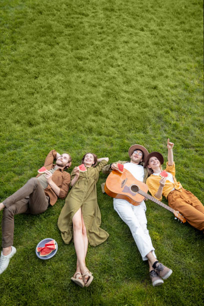 istock Friends lying together on the green lawn 1323608857