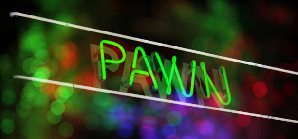 vintage neon sign in window of pawn shop - pawn shop photos photos et images de collection