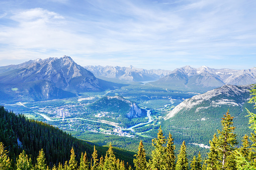 View of the Canadian Rockies in Banff National Park, Alberta, Canada, from the top of Sulphur Mountain