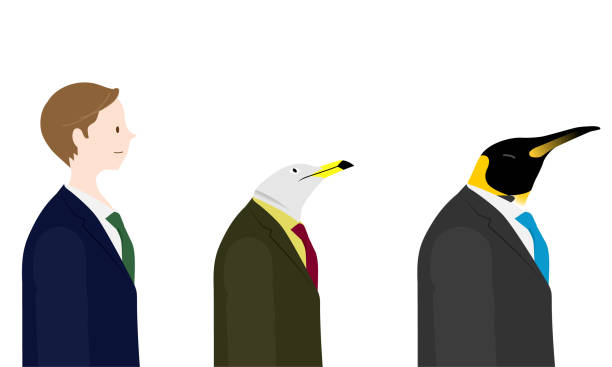 istock Illustration of a man, a seagull and an emperor penguin in a suit (white background, vector, cut out) 1323612832