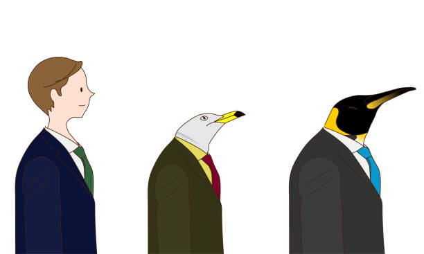 istock Illustration of a man, a seagull and an emperor penguin in a suit (white background, vector, cut out) 1323612833