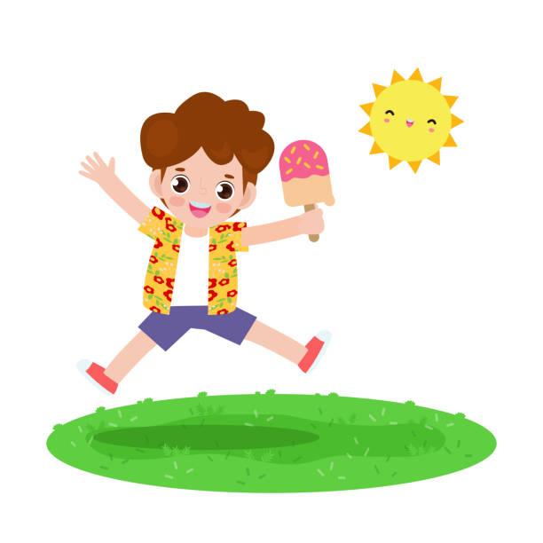 Summer Time Template Banner Cute Little Kids Holding Ice Cream And Jumping  Feeling Happy In Hot Sunny Day Vacation Flat Cartoon Isolated On White  Background Vector Illustration Stock Illustration - Download Image
