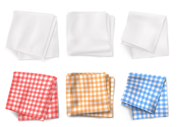 Gingham tablecloths and white kitchen towels Gingham tablecloths and white kitchen towels top view. Vector realistic set of 3d folded table clothes with plaid pattern and linen napkins isolated on white background napkin stock illustrations
