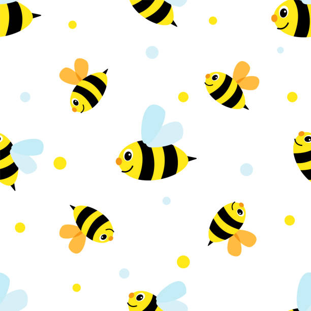 Funny yellow bee character. Children repeating pattern with cheerful bee. Funny yellow bee character. Children repeating pattern with cheerful bee. Vector Seamless pattern with color dots. hornet swarm stock illustrations