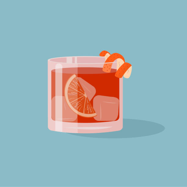 ilustrações de stock, clip art, desenhos animados e ícones de negroni cocktail in old fashioned glass with ice and orange slice. aperol or campari alcoholic beverage with citrus peel. italian aperitif on rocks. vector illustration in flat cartoon style. - whisky cocktail alcohol glass