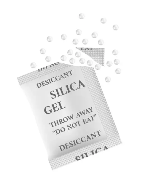 Vector illustration of Vector illustration of silica gel in a small white bag with a scattered pile of polymer balls. Adsorption concept, form of silicon dioxide isolated on white.