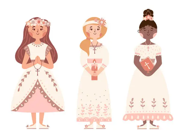 Vector illustration of First communion day vector set girls white dresses