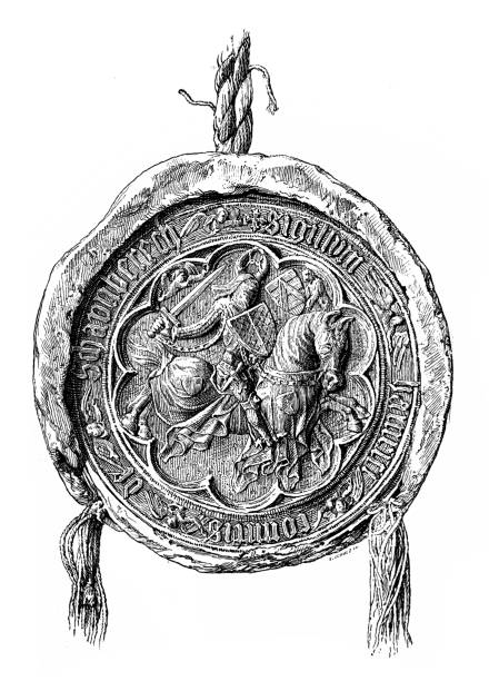 1375년 하인리히 폰 샤운베르크 백작의 승마 인장; 라이처스버그 수도원의 원본을 기반으로 - coin roman ancient rome stock illustrations