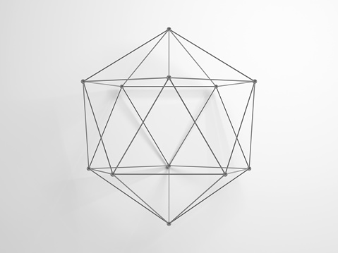 Regular icosahedron. Lattice wire-frame geometric structure over white background with soft shadow, 3d rendering illustation