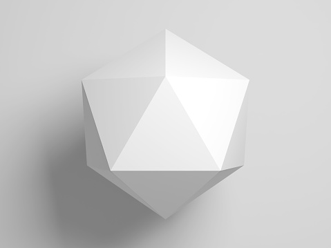 Convex regular icosahedron. Abstract white geometric shape over light gray background with soft shadow, 3d rendering illustation