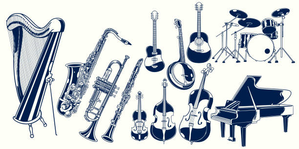 ilustrações de stock, clip art, desenhos animados e ícones de set collection of musical instruments. piano, violin, drum set, acoustic guitar, clarinet, trumpet, saxophone, banjo, double bass, harp, cello. classical jazz instrument vector hand drawn illustration - bass drum