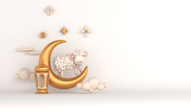 istock Eid al adha islamic decoration background with goat sheep arabic lantern crescent, ramadan kareem, mawlid, iftar, isra miraj, eid al fitr, muharram, copy space text area, 3D illustration. 1323623531
