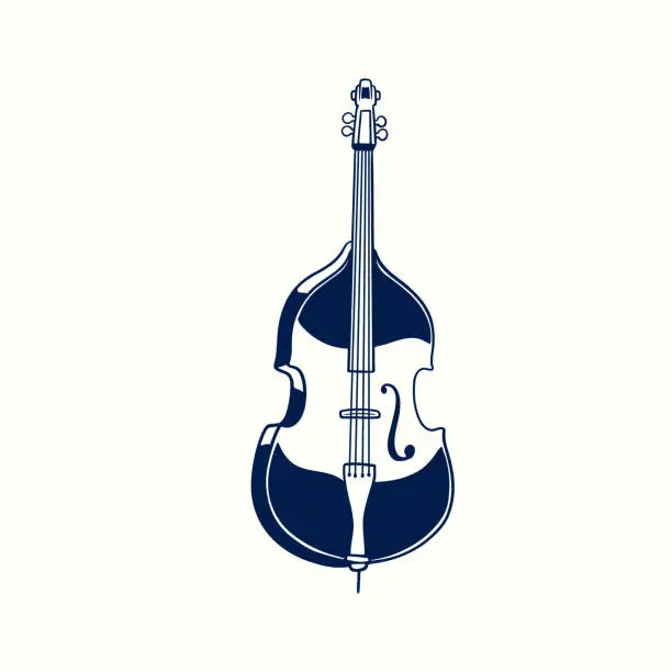 Vector illustration of Double bass hand drawn vintage sketch style. Classical jazz music instrument isolated on white background. Old retro engraving bowed string instruments vector illustration.