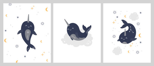 Kawaii celestial narwhals, cute magic sea animals with horn Kawaii celestial narwhals, cute magic sea animals with horn posters collection for greeting cards and nursery. Mystical fun prints for kids. Modern trendy vector illustration, pastel colors boho style unicorn fish stock illustrations