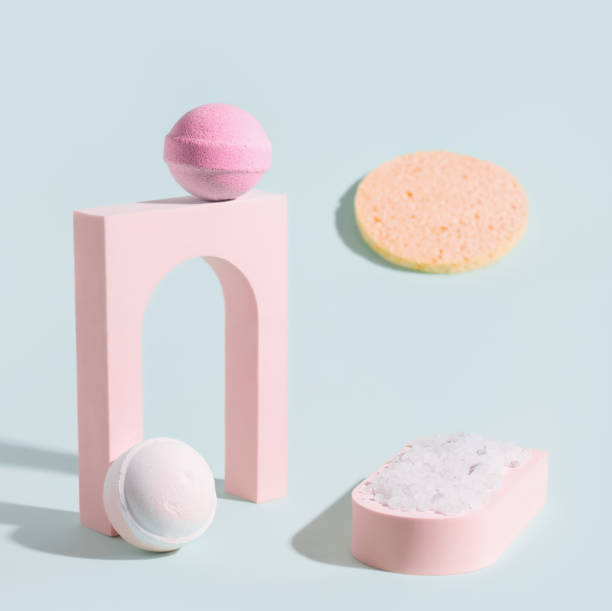 istock Bath products salt and bath bombs on a blue background. Modern style 1323624575