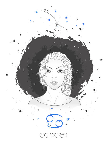 Cancer zodiac sign and constellation. Cancer zodiac sign and constellation. Vector illustration with a beautiful horoscope symbol girl on grunge background. cancer astrology sign stock illustrations