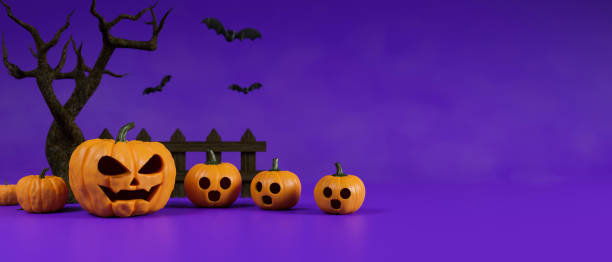 istock Halloween decoration, pumpkin lamps decorated on purple background, 3D rendering 1323625928