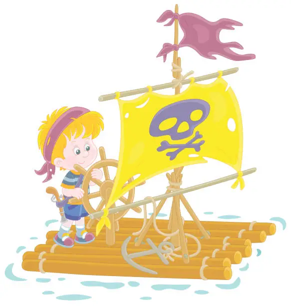 Vector illustration of Little boy playing pirate on a toy raft