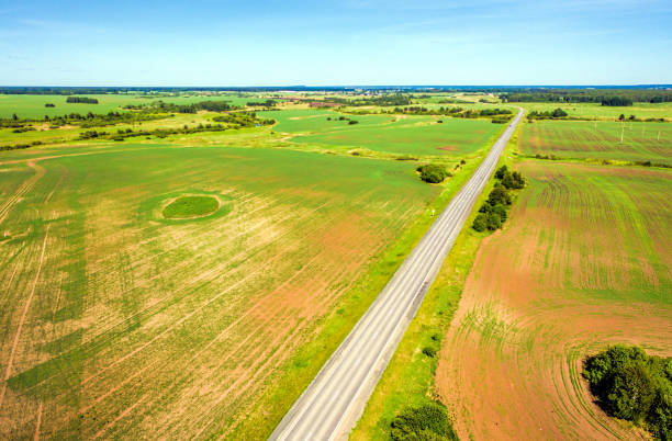 istock Highway through fields and arable land. View from above. Summer rural landscape 1323629636